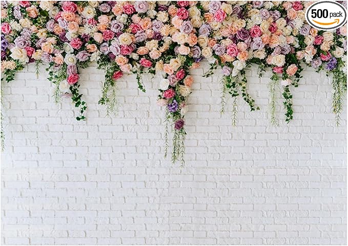 10X8FT White Brick with Flowers Backdrop Occasions Mother's Day Wedding Bridal Shower Birthday Party Banner Background Supplies DH-357