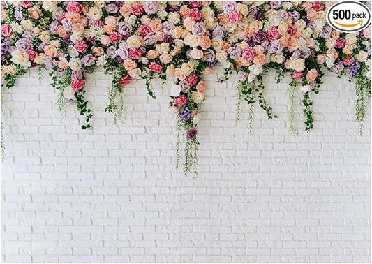 10X8FT White Brick with Flowers Backdrop Occasions Mother's Day Wedding Bridal Shower Birthday Party Banner Background Supplies DH-357