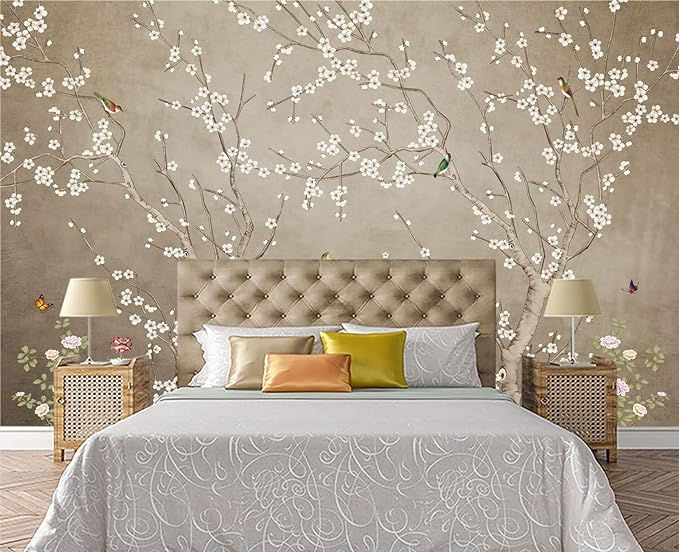 Plum Blossom Flower Bird Chinoiserie Wall Mural Wallpaper for Bedroom 137" x 100"