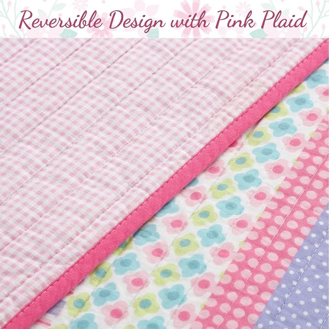 Cozy Line Home Fashions Pink Lavender Green Floral Print Girl 100% Cotton Reversible Quilt Bedding Set, Coverlet, Bedspread (Blossom, Twin - 2 Piece)