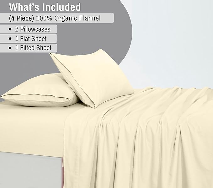RUVANTI Flannel Sheets Queen Size - GOTS Certified 100% Organic Cotton, 4 Piece Warm, Soft & Breathable Set, Deep Pocket Snug Fit, Double Brushed Cozy All Season Bedding, Winter White