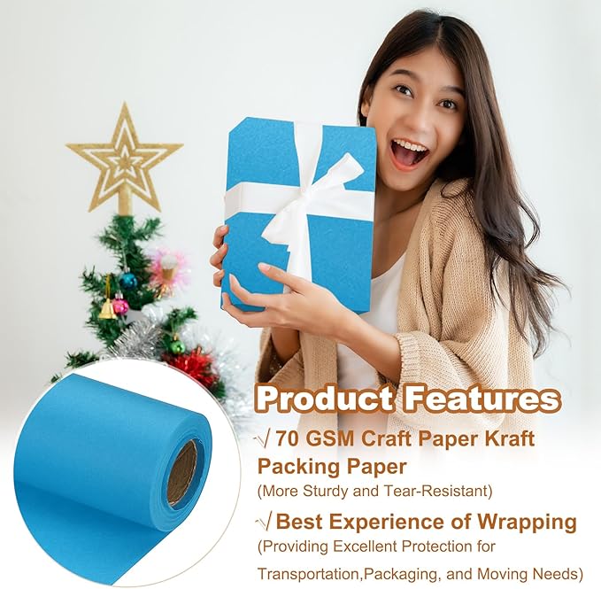 PATIKIL Wrapping Paper, 15" x 394"(33') 70 GSM Craft Paper Roll Kraft Packing Paper for Poster Bulletin Board, Gift Wrapping, Light Blue