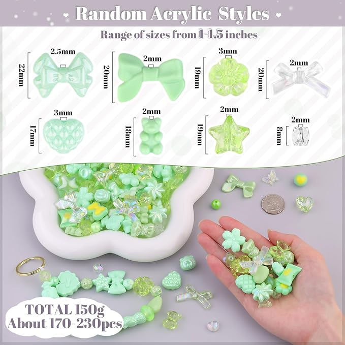 Assorted Acrylic Beads, 200-260PCS Green Cute Beads for Bracelet Making, GummyBear Bow Flower Candy Kawaii Charms for Jewelry Making DIY Necklace Keychain Phone Charm Christmas Gift
