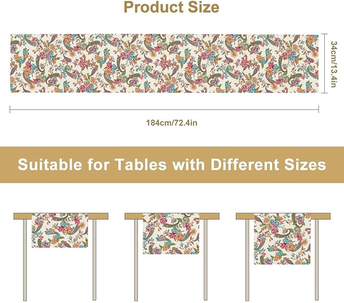 Boho Floral Table Runner, Colorful Bohemian Paisley Flower Design Table Runner for Kitchen Dining Home Party Decor, 13x36 Inch