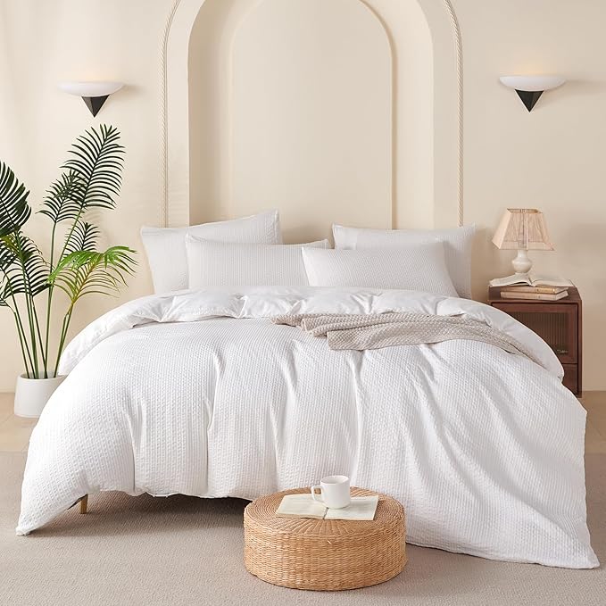 Queen Duvet Cover Striped White - Soft Luxury Washed Jacquard Microfiber 3 Pieces Bedding Set for All-Season with Zipper Closure & Corner Ties, Lightweight Comfort Breathable (No Comforter)