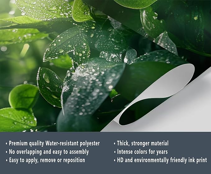 Dewdrops Green Leaf Wall Mural, Botanical Forest Sunlight 3D Wall Murals, Refreshing Nature Wallpaper Mural, for Living Room Bedroom Large Wallpaper Indoor Decor 59" W x39.4 H