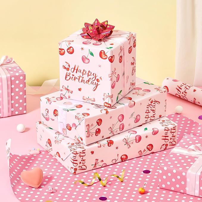 WERNNSAl Cherry Bow Wrapping Paper Roll- 1 Roll 17” x 16.4 ft Cherry Bow Tie Ribbon Gift Wrapping Paper for Girls Women Birthday Pink Birthday Wrap Paper with Polka Dot Design for Party Supplies