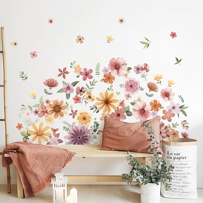 Retro Boho Wildflower Wall Stickers, Vintage Garden Floral Wall Decals 7 Sheets DIY Peel and Stick Wall Decal Self Adhesive Home Decor for Bedroom Offices Sofa TV Backdrop Wall