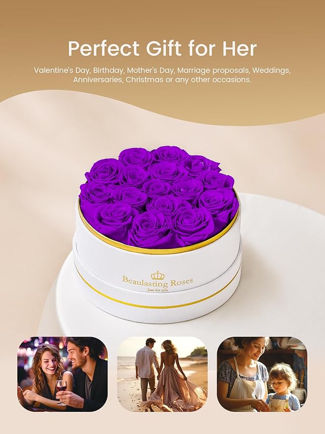 Preserved Roses Forever Flowers Real Roses in a Box Mother's Day Birthday Flowers for Her Mom Women Wife Valentine's Day, 16 Purple Roses