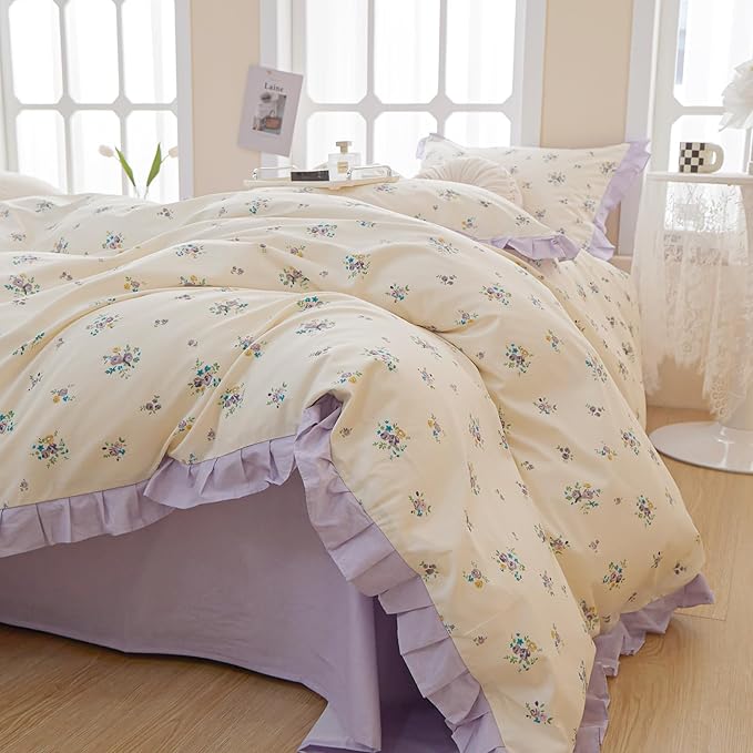 VM VOUGEMARKET Twin XL Comforter Set Twin,Garden Botanical Lavender Flower Bedding Set,Lace Ruffle Comforter and 2 Pillow Shams for Girls Women(3pcs,Twin XL)