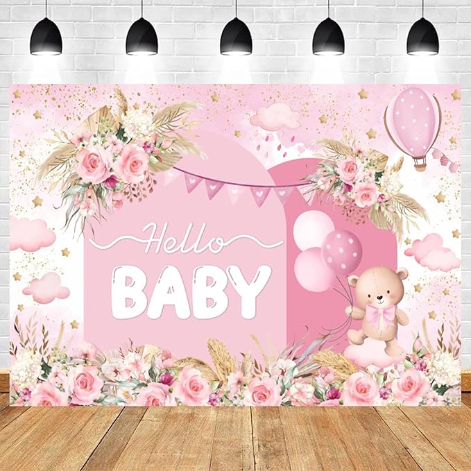 9x6ft Hello Baby Backdrop Pink Gold Boho Floral Bear Baby Shower Photography Background Balloon Stars Clouds Banner Decorations Welcome Newborn Celebration Party Portrait Photo Booth Prop