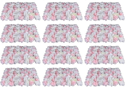 12 PCS Artificial Flower Wall Panels 24" x 16" Decorative Hydrangea and Rose Flower Backdrop Panels Wedding Party Event Decoration Photo Backdrop Decor (12 PCS, Pink + White)