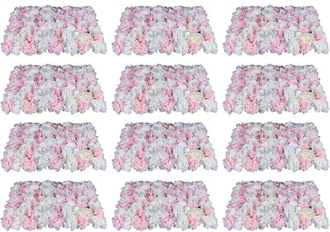 12Pcs 15.75" x 23.62x 0.79 Artificial Flower Wall Panels,Flower Wall Mat Silk Flower Panels for Outdoor Garden Backyard Fence Fence Privacy Screen and Indoor Wall Decor(12Pcs White+Light Pink)