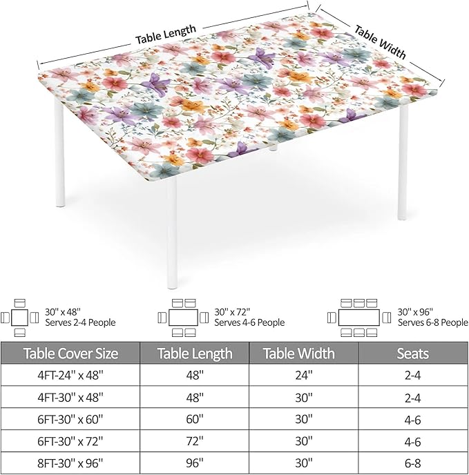 Rectangle Table Cloth Cover Waterproof Elastic Fitted Polyester Fitted Tablecloths for 6 Foot Tables for Indoor,Picnic, Camping, Outdoor （72" x 30"，Flower）