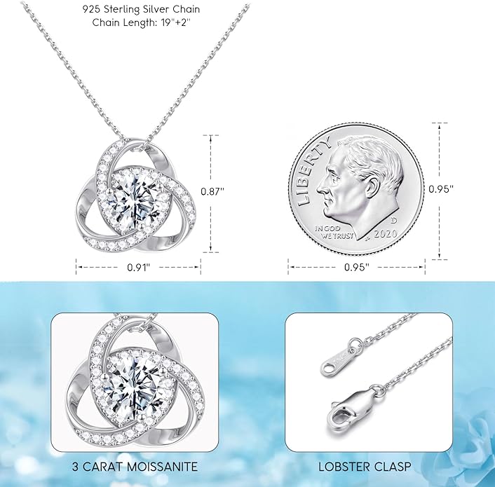 MOOSEA Love Knot Moissanite Necklace for Women, 1-3 ct D Color VVS1 Clarity 925 Sterling Silver Moissanite Pendant Necklace Anniversary Birthday Christmas Gifts for Women Wife Mom Girlfriend