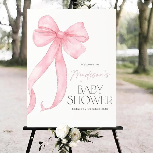 Personalized Pink Bow Baby Shower Welcome Sign, Custom Minimalist Bow Baby Girl Party Sign, Baby's Shower Gifts, Birthday Gifts, Gender Reveal Decorations, Newborn Announcement Party Supplies - 04