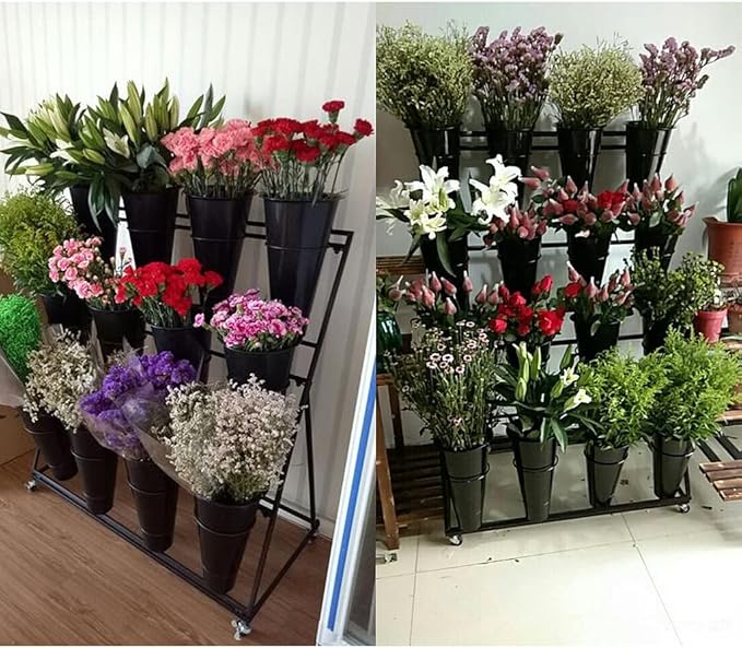 Decorative Flower Display Stand with Buckets for Cut Flowers, Heavy Duty Rolling Plant Stand on Wheels, Indoor Outdoor Flower Cart Ladder Shelf for Florist, Garden, Patio (3 Tier 6 White Bucket)