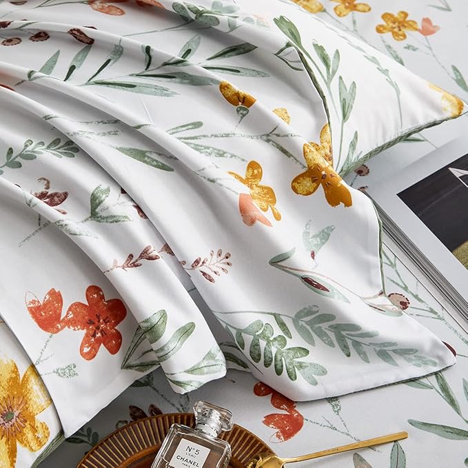 Nayoroom White Floral Duvet Cover King Size Green Botanical Leaf Yellow Flowers Printed Reversible Striped Bedding Set 3 Pieces Soft Microfiber Garden Style Comforter Cover with Zipper Ties