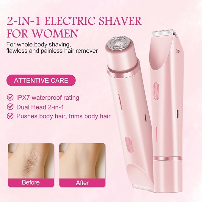 2025 New 2 in 1 Bikini Trimmer for Women, Bikini Shaver with Dual Head, Painless Smooth Shave & Gentle Pubic Hair Removal, Cordless & IPX7 Waterproof Electric Trimmer for Sensitive Skin (Pink)