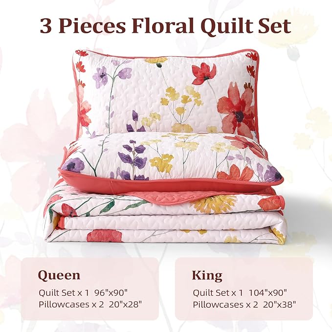 Anibedding Floral Quilt Set Queen Size, Red Bedspread 3 Pieces Botanical Flower Bedding Set Soft Microfiber for All Season (Queen, 96"x90")