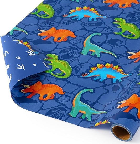 WERNNSAI Dinosaur Gift Wrapping Paper - 1 Roll 17” x 16.4 ft Dinosaur World Wrapping Paper Kids Boy Birthday Party Gift Packing Supply Blue Boy Baby Shower Wrap Paper Paw Prints Design Reversible