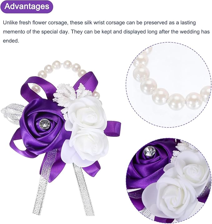 MECCANIXITY 6Pcs Wrist Corsage Artificial Flower Bracelets Rose Wrist Bride Groom Decorative for Wedding Ceremony Prom Party Anniversary Purple