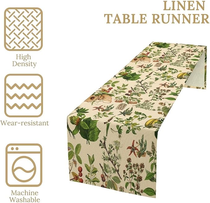 Vintage Botanical Table Runner Rustic Wildflower Plants Herbs Retro Boho Wild Floral Ferns Green Leaf Spring Summer Seasonal Dinner Runner for Home Kitchen Cabin Holiday Party Decor 13x70in