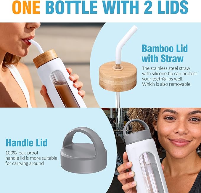 32 oz Glass Water Bottle, 1 Liter Glass Tumbler with Straw, Reusable Drinking Bottles with 2 Lids-Handle Lid&Bamboo Straw Lid, Silicone Sleeve, for Sports, Home,1 Pack-White