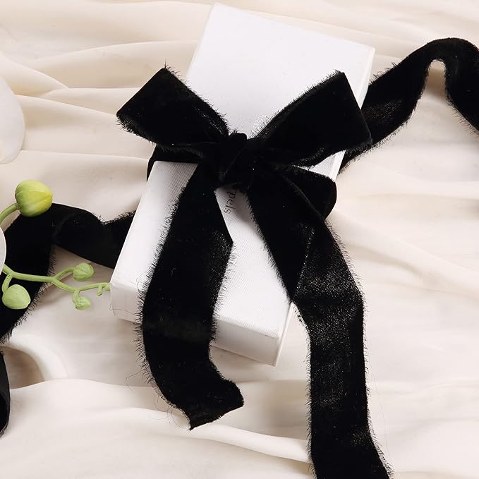 Velvet Ribbon for Gift Wrapping Black Handmade Fringe Ribbons for Crafts Bouquet Halloween Decorations 2 Rolls 1 1/2 Inch x 2 Yd (4 Yards Total)