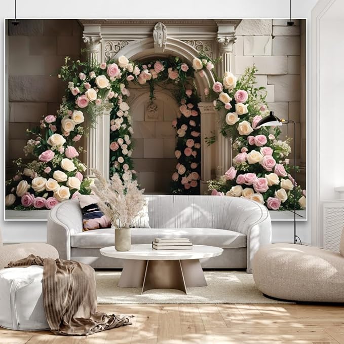 7x5ft White Pink Roses Backdrop Romantic Spring Floral Arch Vintage Palace Wall Background for Wedding Mothers Day Valentines Day Bridal Shower Birthday Princess Couples Women Portraits