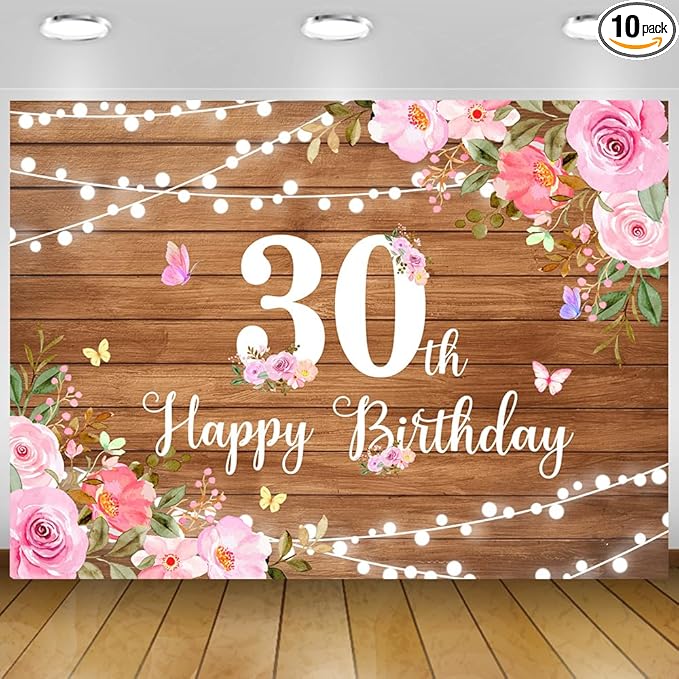 Happy 30th Birthday Decorations for Her Rustic Wooden Happy 30th Birthday Banner Backdrop Pink Floral 30 Years Old Party Decoration Photography Banner Supplies 7x5Ft