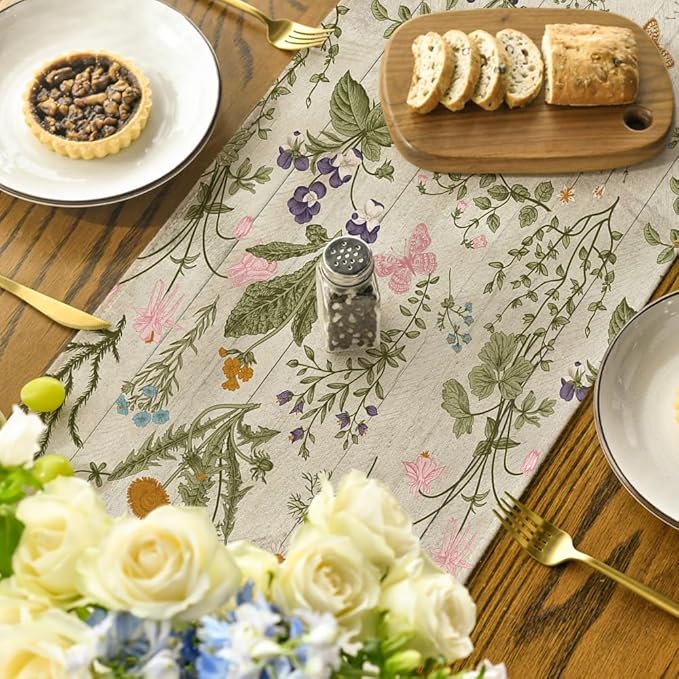 Artoid Mode Wood Wild Flowers Floral Spring Table Runner, Seasonal Summer Kitchen Dining Table Decoration for Home Party Decor 13x90 Inch