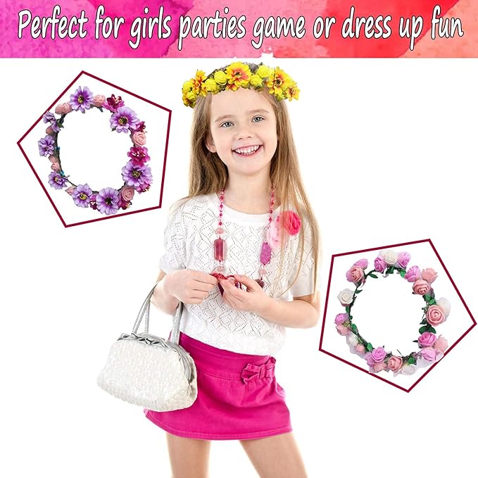 WUBOMJIO Flower Crowns Craft Kit, Make Your Own 12 PCs Floral Crowns Garland Handmade Arts and Crafts for Kids, DIY Fairy Flower Headbands and Bracelets,Hair Accessories for Girls/Teens/Women