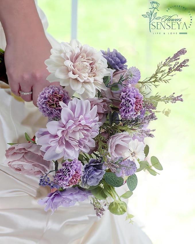 Senseya Artificial Flowers Combo Set, Purple Silk Roses, Peonies, Dahlias with Stems for DIY Wedding Bouquets, Baby Shower, Table Centerpieces, Home Decor, Fake Floral Arrangements, Party Decorations