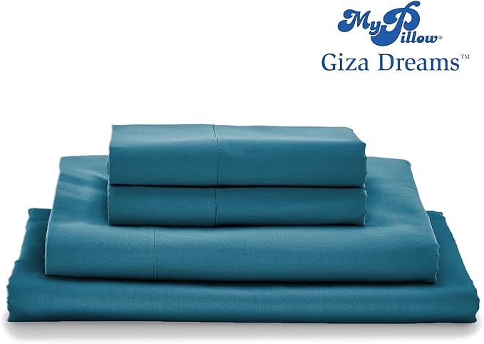 MyPillow Giza Dreams Bed Sheets, 100% Certified Giza Egyptian Cotton, Deep Pocket, Sateen Weave [Twin, Lake Blue]