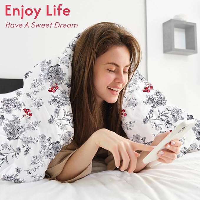 LONAVA Queen Flower 3 Pcs Duvet Cover Set, Breathable Soft Microfiber White Lining Comforter Cover with Zipper Closure, and 2 Anti-Pilling, Fade Resistant Pillowcases, Gothic Rose
