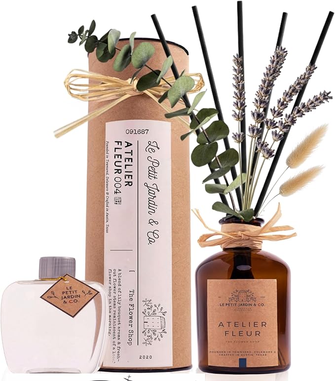Reed Diffusers - Oil Sticks Diffuser Set with Real Dried Flowers - Reed Diffusers for Home, Bathroom & Office | Air Freshener Fragrance Sticks for Shelf Decor & Gifts by Le Petit Jardin & Co.