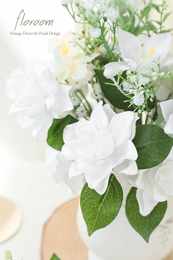 Floroom Artificial Gardenia Flowers 2.7" 25pcs Real Looking White Foam Fake Flowers with Stems for DIY Wedding Bouquets Bridal Shower Centerpieces Floral Arrangements Party Tables Home Decorations