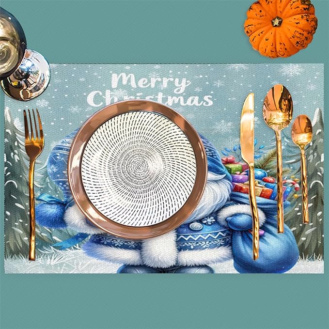 Xmas Christmas Gnomes Bule Snowflake Placemats Set of 1 PVC Vinyl Non Slip Table Mats Heat Resistant Place Mats Washable Wipeable Dining Table Mat for Kitchen Party Indoor Outdoor Decorative Gift