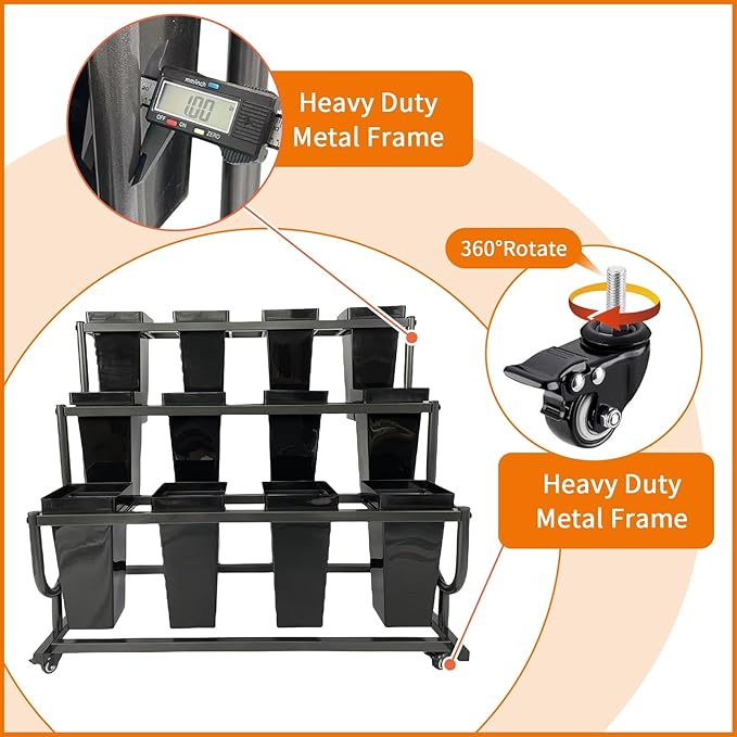 Tongmo 3-Tier Movable Plant Cart - Heavy Duty Flower Rack with 12 Buckets - Perfect for Shops, Homes, Cafes, and Offices