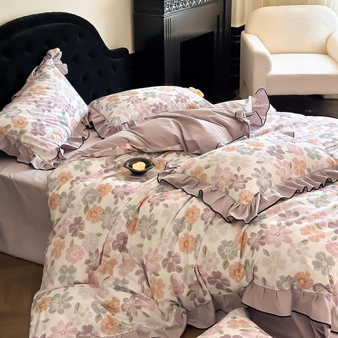 HighBuy Floral Ruffle Duvet Cover Twin Size,Brushed Cotton Soft Coquette Ruffle Flower Bedding Duvet Cover Set,Blush Floral Shabby Chic Farmhouse Duvet Cover and Pillow Shams,Purple - Twin