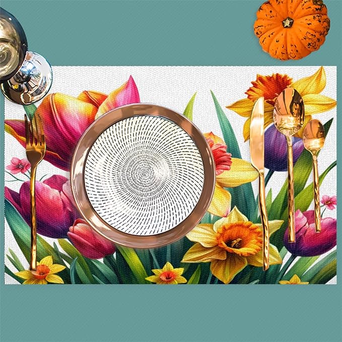 Spring Beautiful Flower Placemats Set of 6 PVC Vinyl Non Slip Table Mats Waterproof Heat Resistant Place Mats Washable Wipeable Dining Table Mat for Kitchen Party Indoor Outdoor Decorative