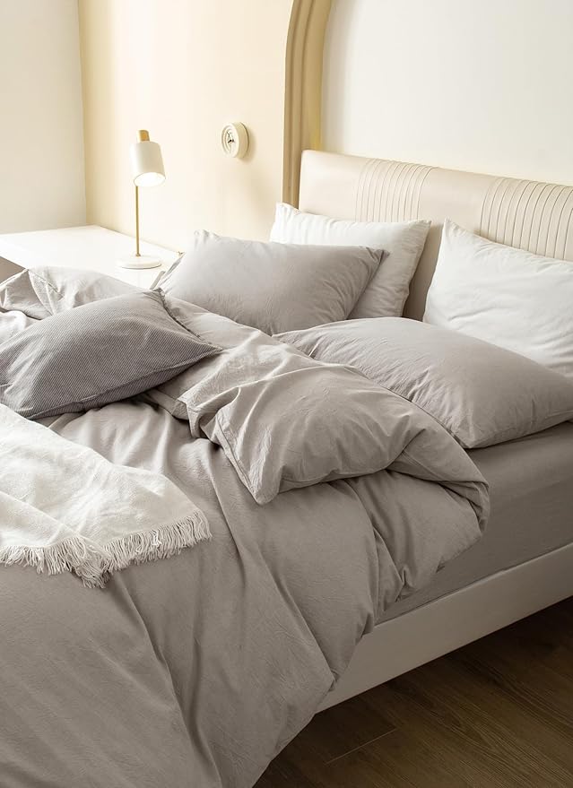 JIYUAN 100% Washed Cotton Duvet Cover Set 3 Pieces Alaska King, 1 Duvet Cover 132x120 Inches(Comforter Not Included) and 2 Pillowcases,Linen Feel Bedding Set Comfy and Breathable,Heathered Cream Grey