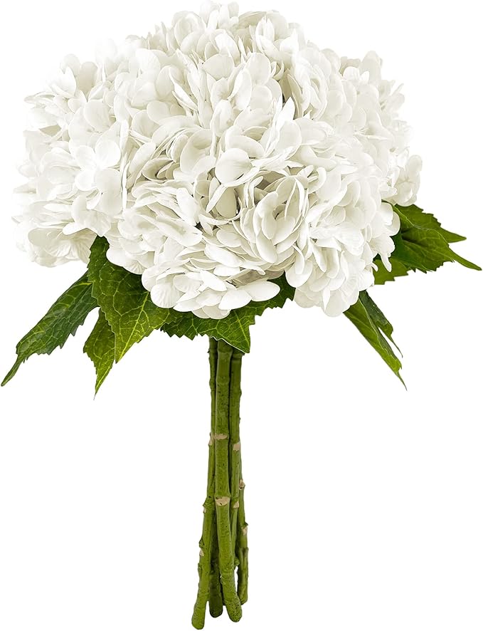 Yatim 21In White Artificial Hydrangea Flowers 5 Pcs Real Touch 3D Print Latex Flowers for Wedding Centerpieces Bouquets DIY Floral Decor Home Decoration with Stems