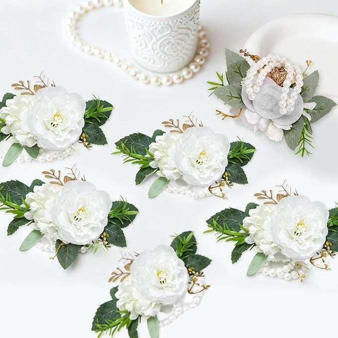 Corsage Wristlet Band Artificial Rose Flowers - Wedding Bridal Flower Corsage Hand Decor (Stretch, 6, Count)