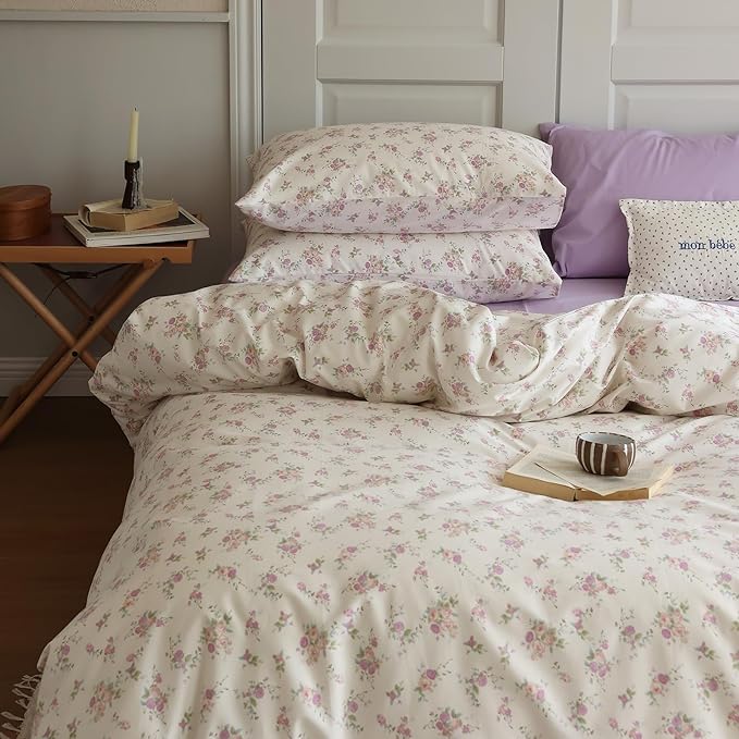 LifeTB Vintage Pink Floral Duvet Cover Queen Soft 100% Cotton Girls Cottagecore Bedding Set Cute Peach Flower Comforter Cover with Zipper Closure Vintage Country Bedding Botanical Duvet Cover Queen