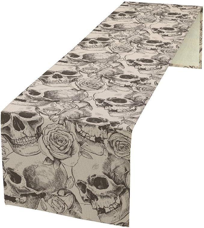 Gothic Table Runner,White Skull Floral Print Table Runner for Home Kitchen Table Dining Garden Farmhouse Wedding Party Decor 13x90 Inch