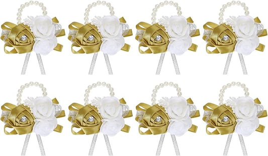 MECCANIXITY 8Pcs Wrist Corsage Artificial Flower Bracelets Rose Wrist Bride Groom Decorative for Wedding Ceremony Prom Party Anniversary Khaki