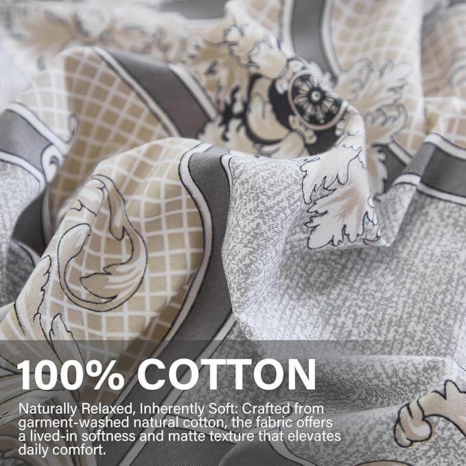100% Natural Cotton Duvet Cover Set King 3 Pcs Grayish Duvet Cover with Luxurious Damask Pattern, Reversible Breathable Soft Comforter Cover Sets with Zipper Closure All Season