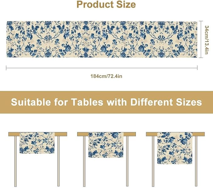 Vintage Floral Table Runner, Retro Blue Flowers Farmhouse Design Table Runner for Kitchen Dining Holiday Party Decor, 13x36 Inch